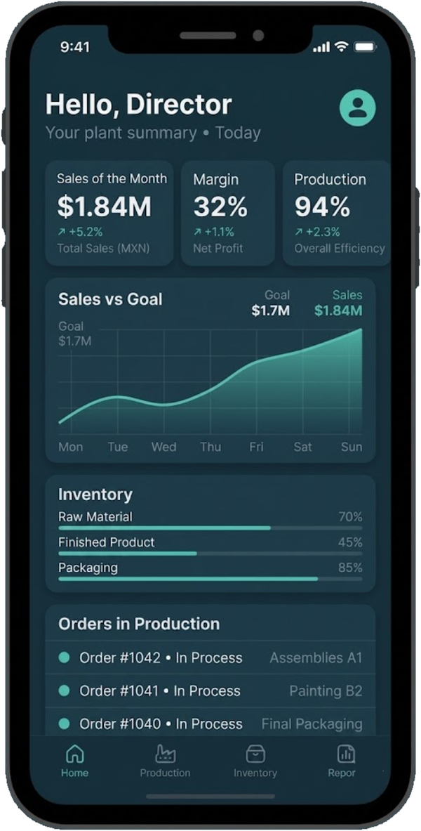 Código Seguro app: an owner checking sales, margin and production from his phone